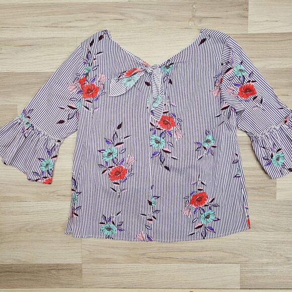 GRAND & GREENE Womens Purple Floral Stripe Ruffle Bell Sleeve Blouse Size L - Picture 8 of 8